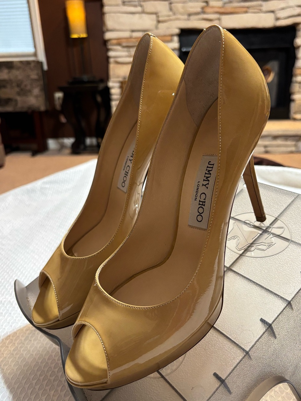 Jimmy Choo Glossy Yellow Patent Peep-Toe Pumps